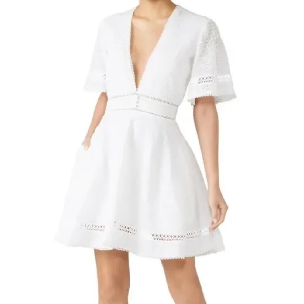 SIMKHAI Embroidery V-Neck Mini Dress Elegant White Lace Dress Size 8